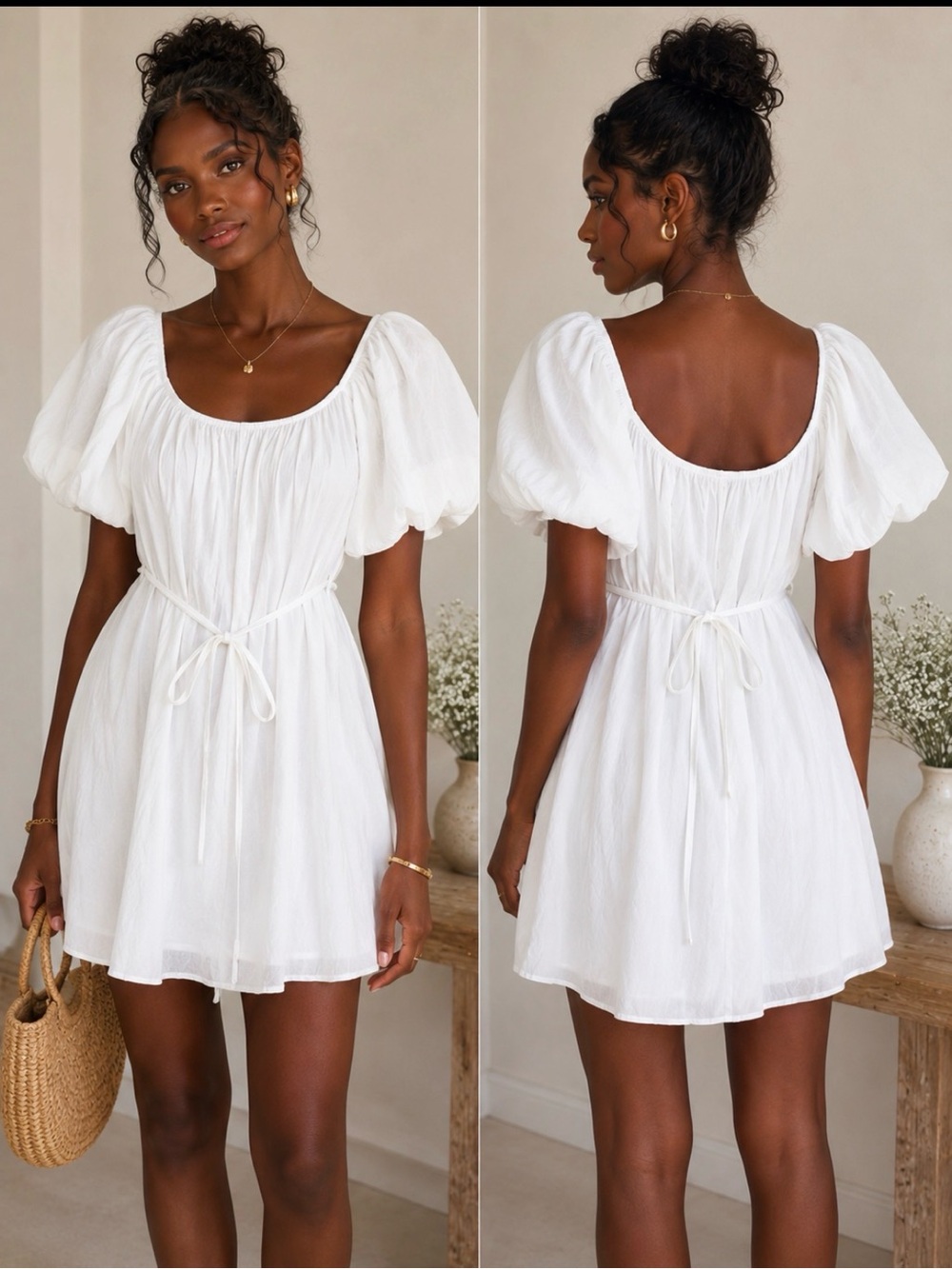 White Cottagecore Puff Sleeve Mini Dress  | Tie Waist Baby Doll Cotton Poplin